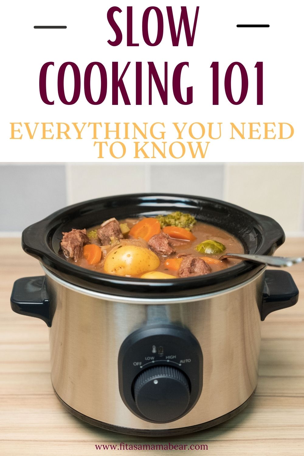 Black and silver slow cooker with beef stew in it and text above the image.