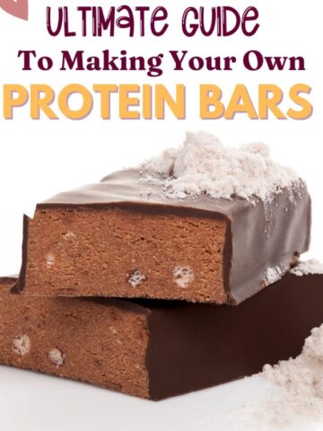 Close up of chocolate protien bars with powder on top and text at the top of the image.