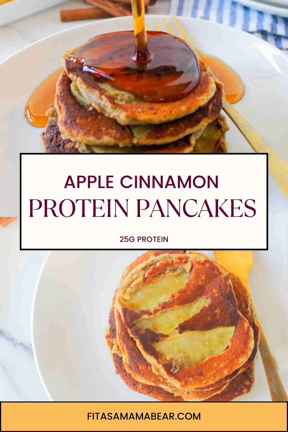 Two images of protein pancakes on a white plate separated by text.