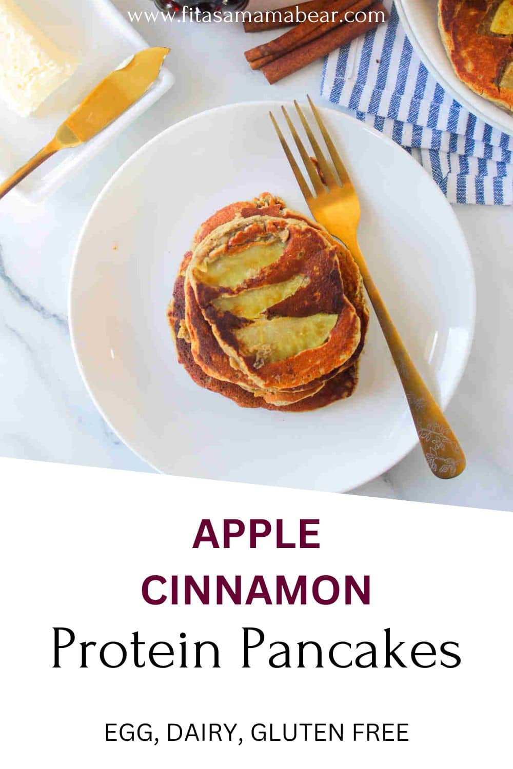 Apple pancakes on a white plate with a fork.