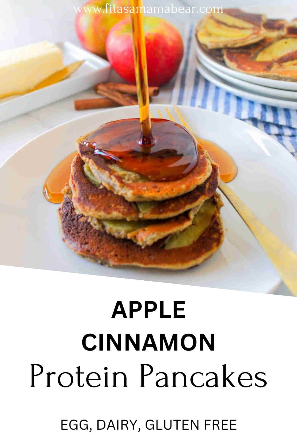 Syrup being poured onto protein pancakes on a white plate with a fork on it.