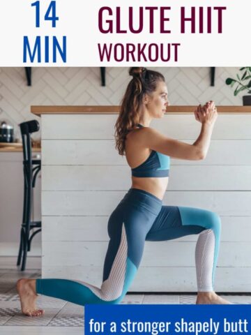 Woman in blue workout clothes in a lunge position with text on the image.