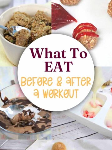 Collage image of multiple protein snacks with text in the middle about what to eat around a workout.