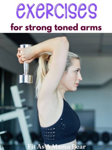 Woman with a dumbbell over and behind her head with text above the image.