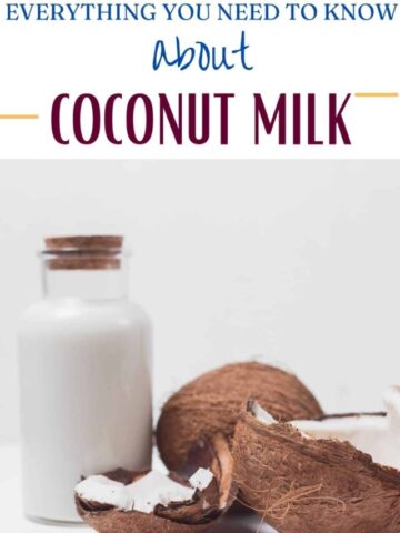 Coconuts cracked open with a glass of coconut milk behind it and text on the image.