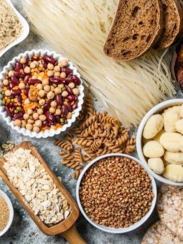 Multiple grains like beans, and oats and noodles and bread.