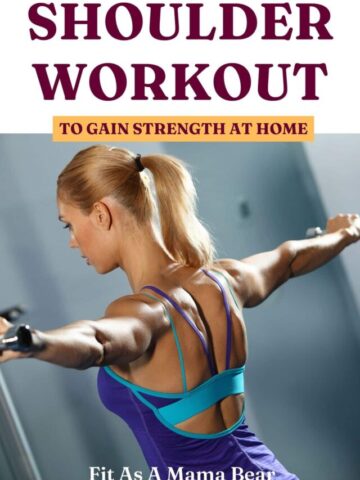 Woman in workout shirt performing a shoulder exercise with text above the image.
