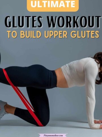Woman in tights and a crop top performing a glutes exercise with a red band and text on the image.