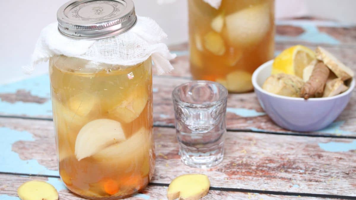 Two mason jars of fire cider with garlic and ginger arounds them.