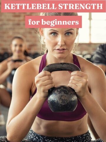 Woman in tank top holding a kettlebell with text on the image.