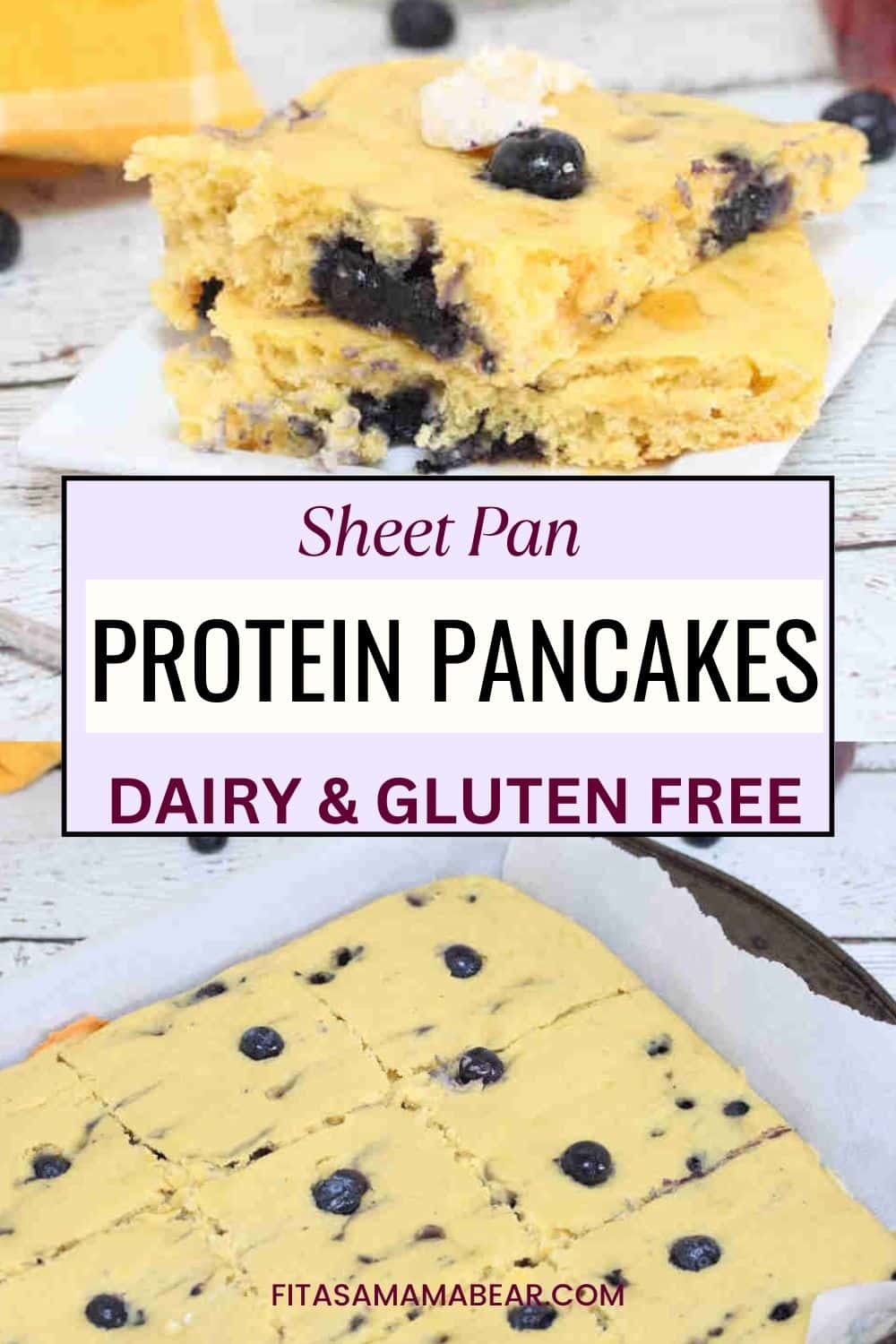 Two images of blueberry protein pancakes, the top of them cooked and stacked the bottom on a baking sheet with text between the images.