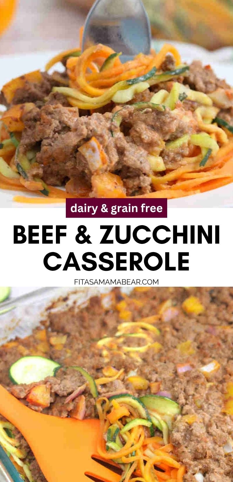 Two images of a ground beef and zucchini casserole with text between the images.