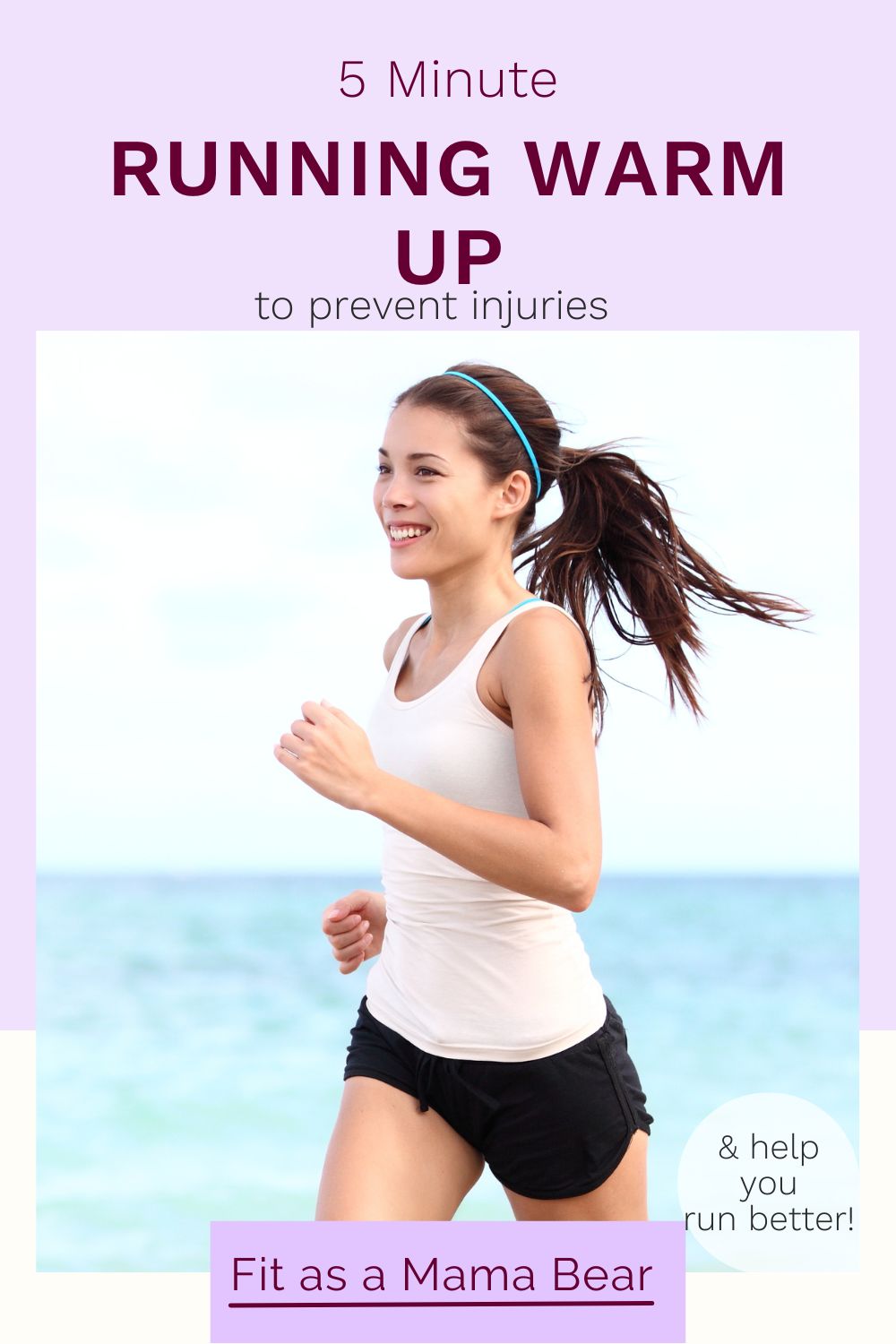 Woman in white shirt and black shorts running outside with text above the image.