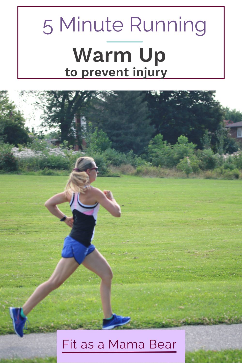 Woman in blue shorts and tank top running outside with text above the image.