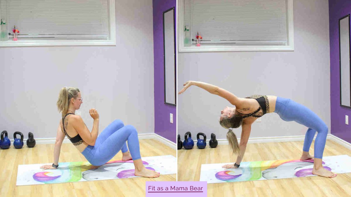 Two images of a woman in blue pants and sports bra performing a back bend.