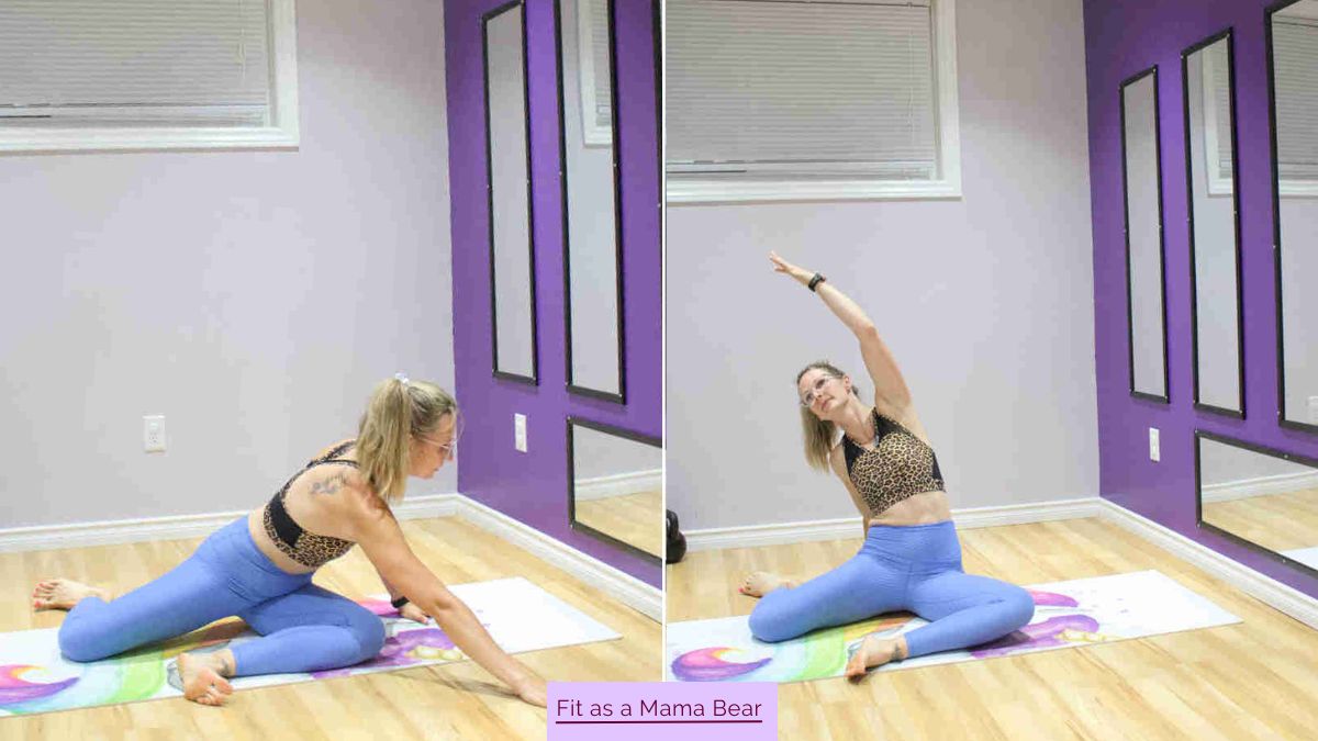 Two images of a woman in blue pants and sports bra performing a stretch with her feet in front and to the side.