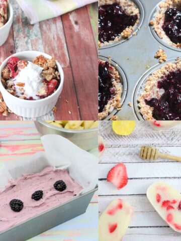 Four images of fruit desserts in a collage.