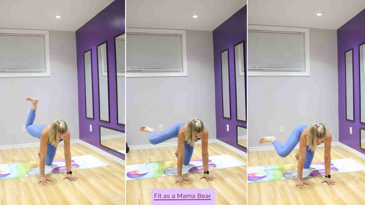 Three images of a woman in blue pants and sports bra performing hip circles in a table top position.