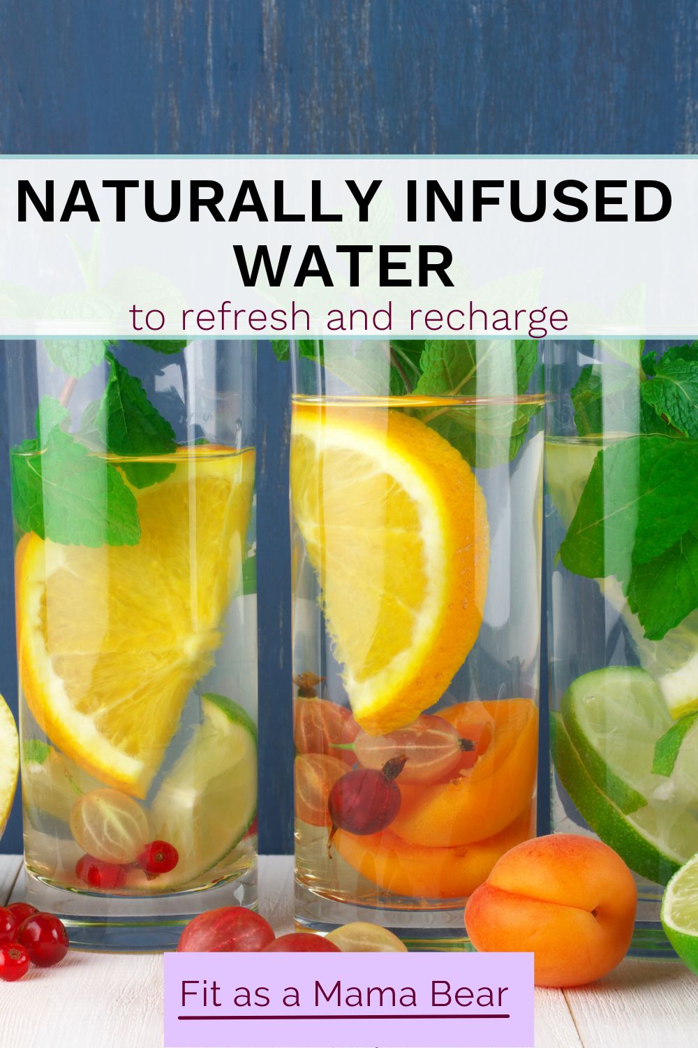 Multiple glasses of water with fruits and herbs and text on the image.
