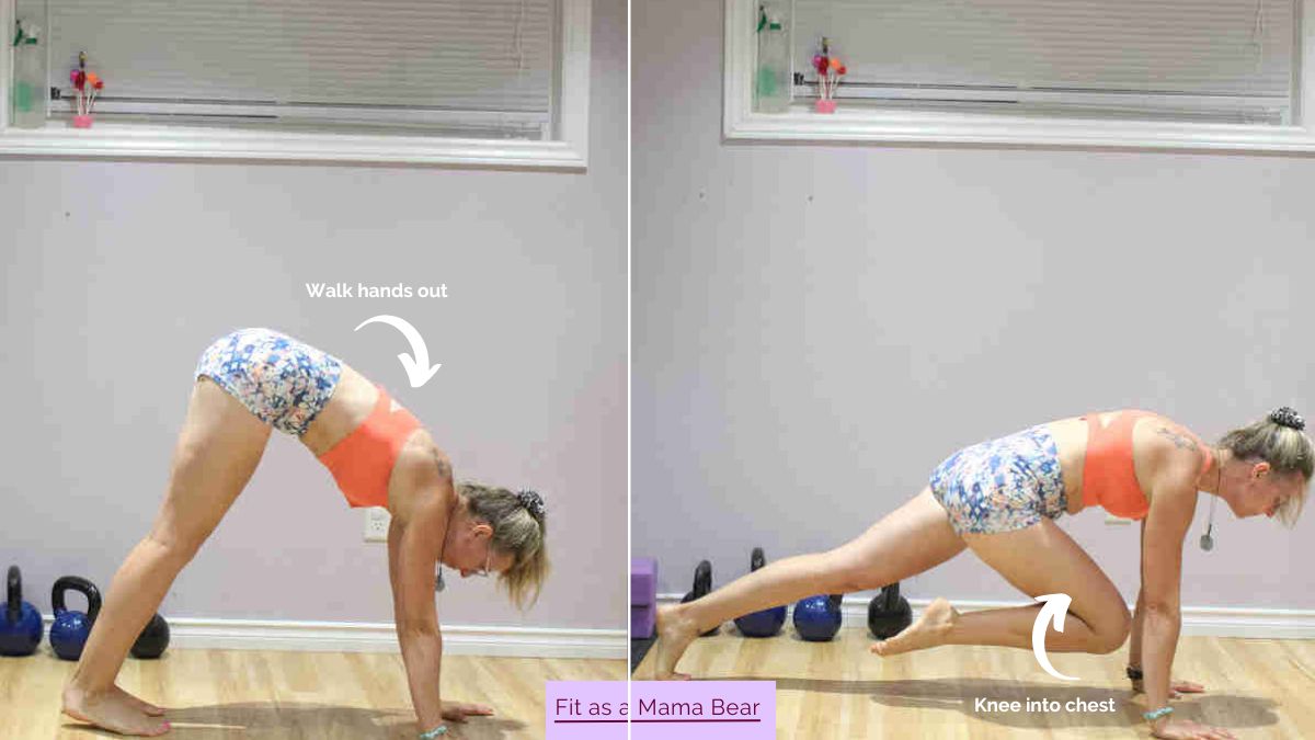 Two images of a woman in a sports bra and shorts in a plank and modified plank position.
