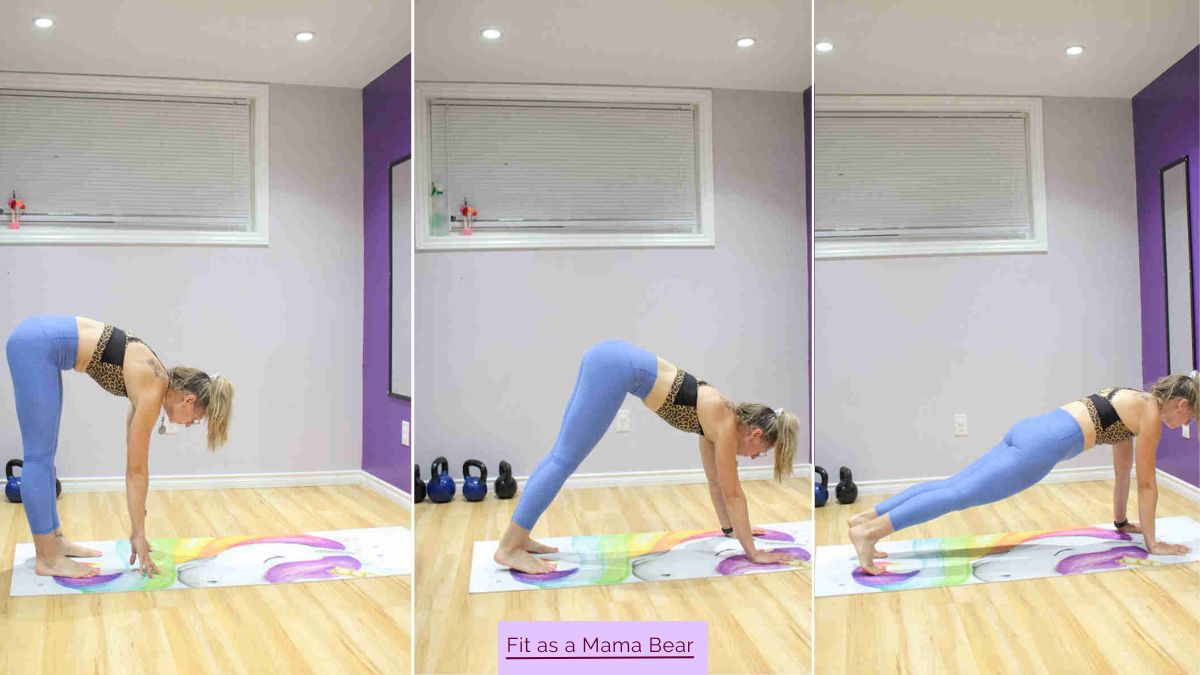 Three images of a woman in blue pants and sports bra performing a walkout to a plank position.