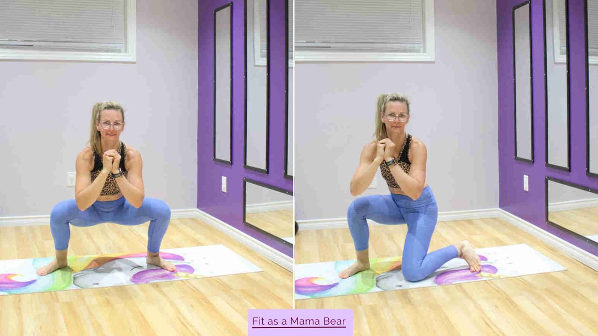 Two images of a woman in blue pants and sports bra performing a squat.