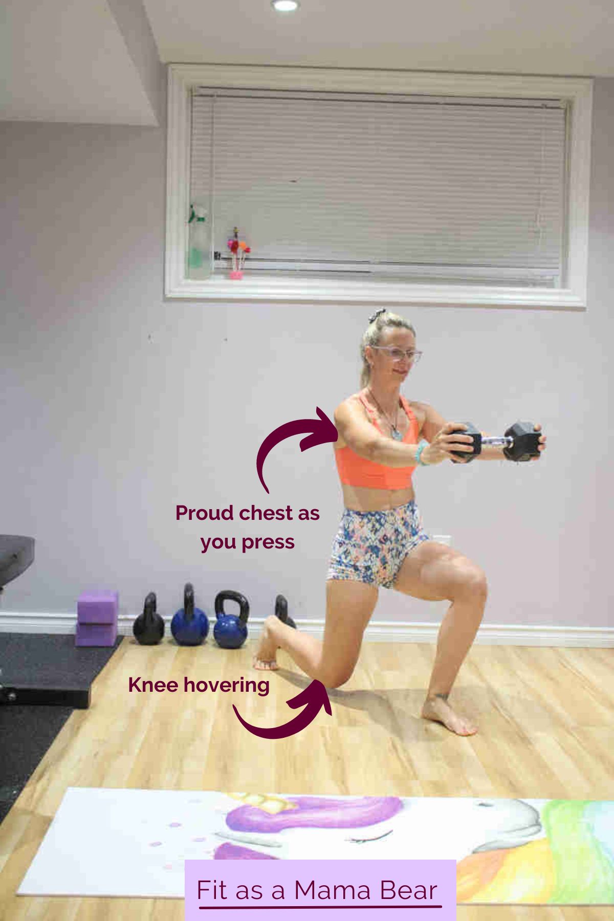 Woman in orange sports bra and shorts in a lunge position holding a dumbbell in front of her.