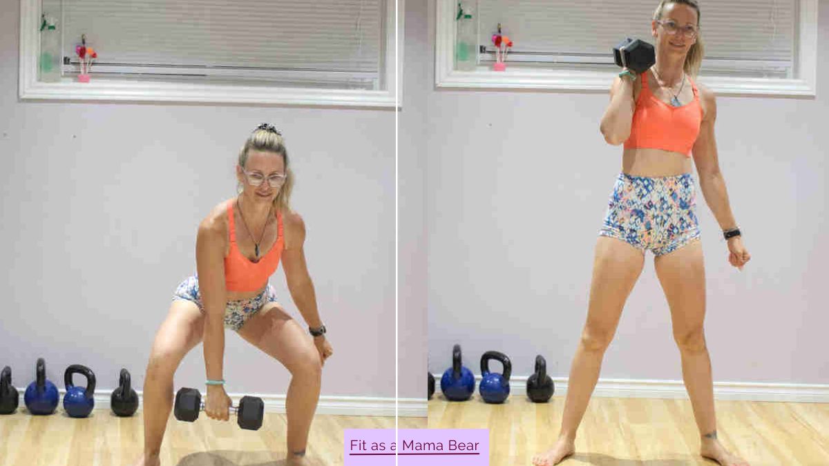Two images of a woman in a sports bra and shorts holding a dumbbell one in squat position the other standing with it on her shoulder.