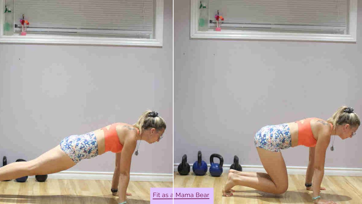 Two images of a woman in a sports bra and shorts in a plank and modified plank position.