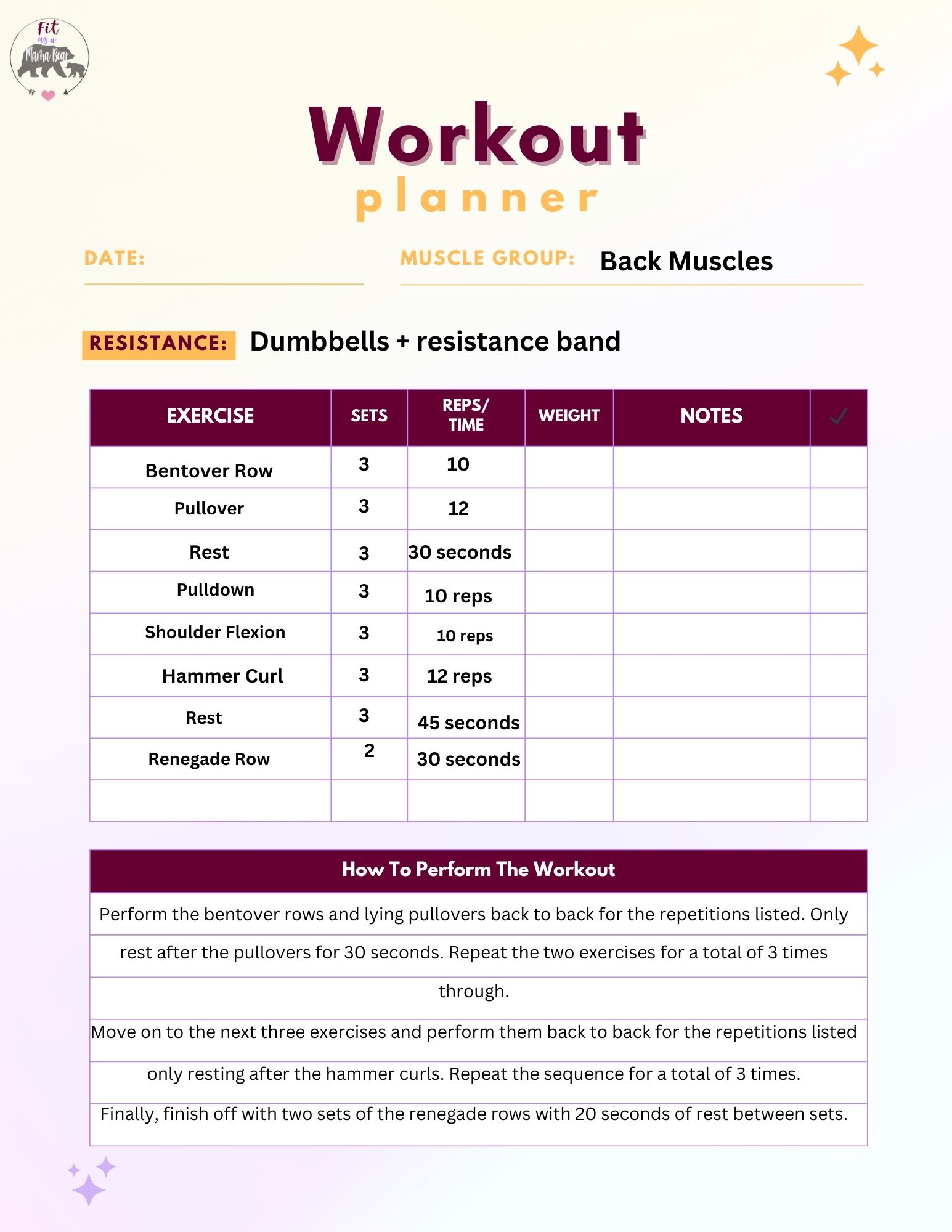 Image of a PDF workout with exercises listed.