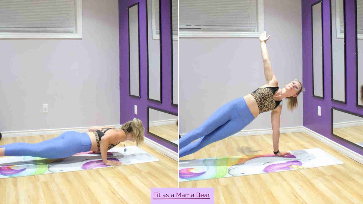 Two images of a woman in blue pants and sports bra performing a push up and side plank.