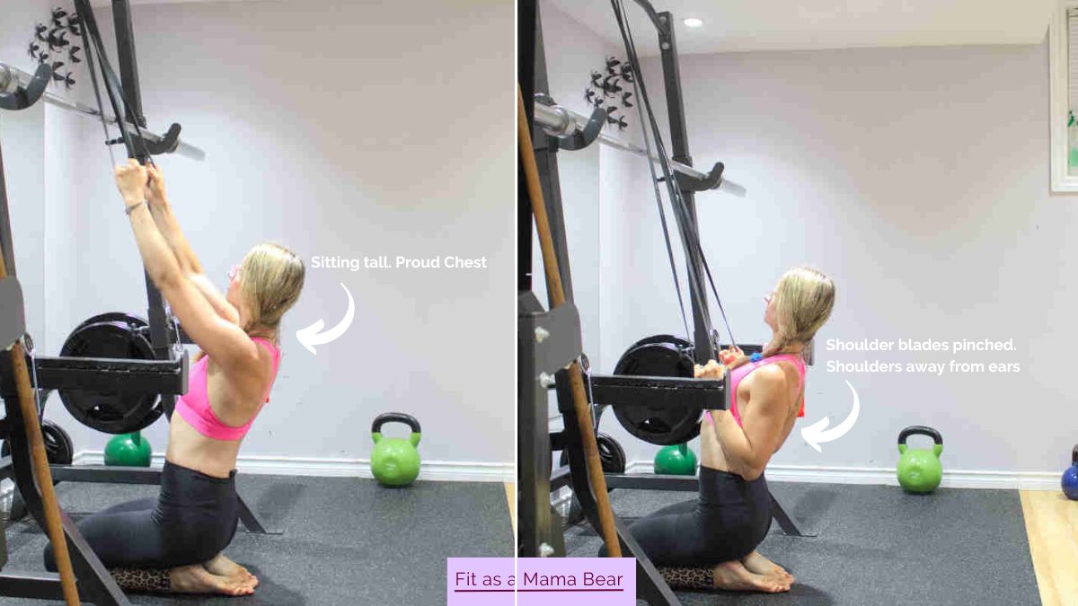 Two images of a woman in sports bra and tights sitting down performing a lat pulldown with a band hooked on a squat rack.