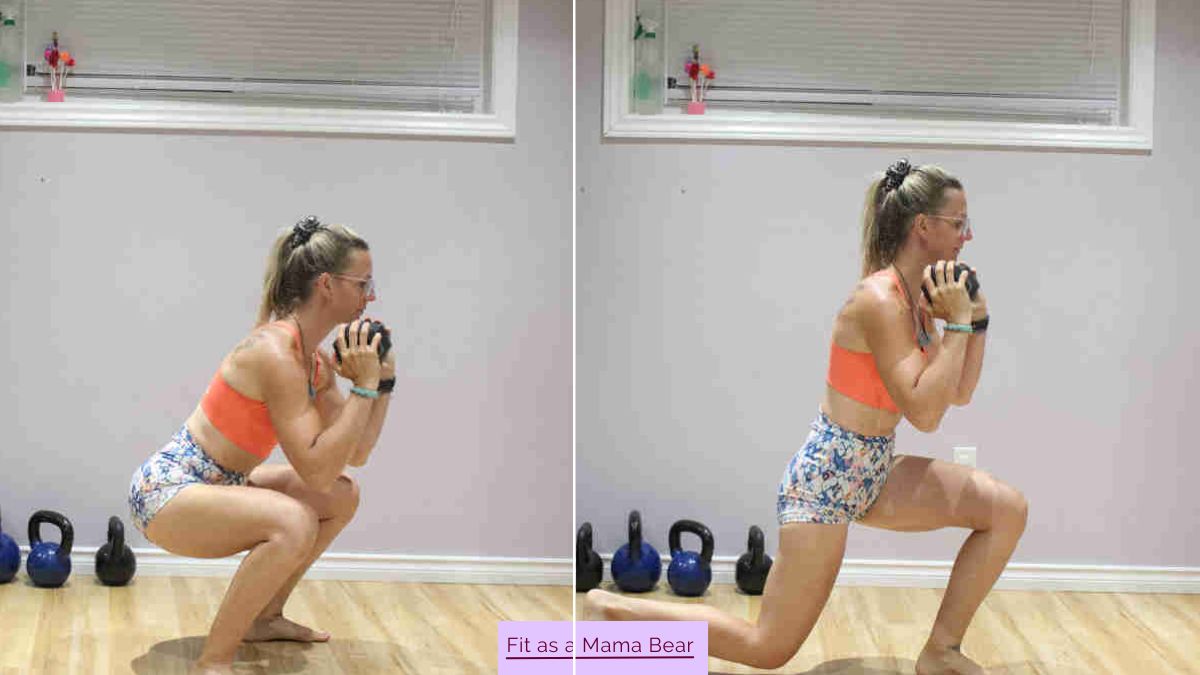 Two images of a woman in a sports bra and shorts holding a dumbbell one of them a squat and one a lunge.