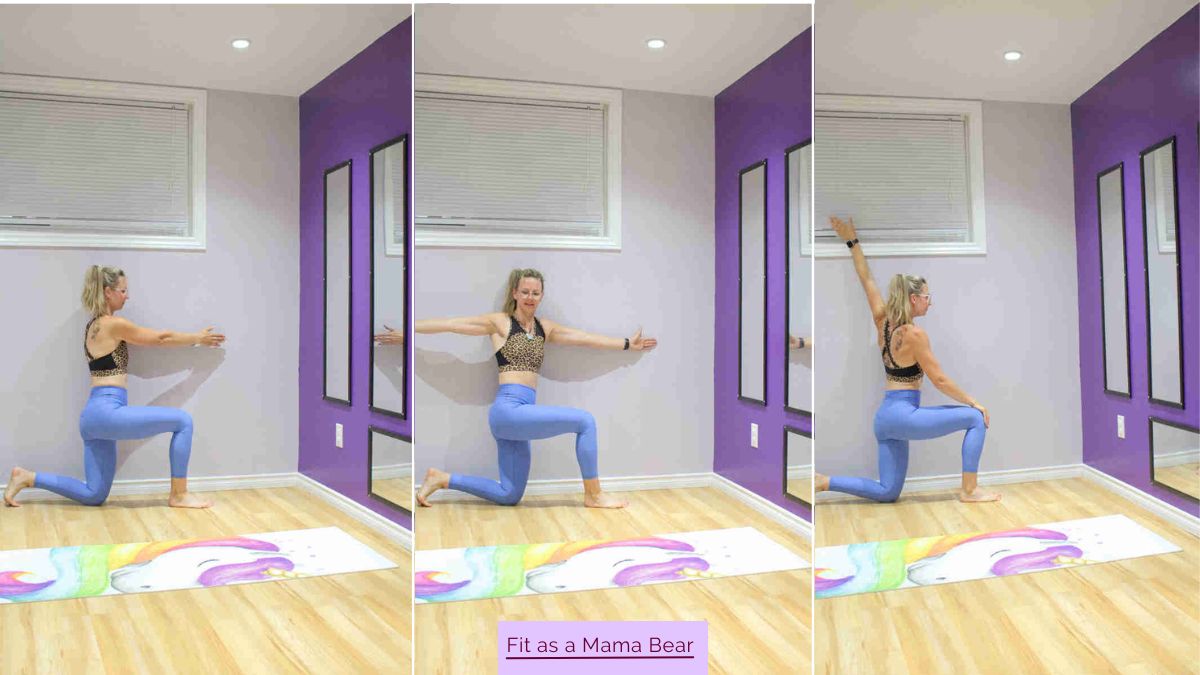 Three images of a woman in blue pants and sports bra performing a shoulder exercise against the wall.
