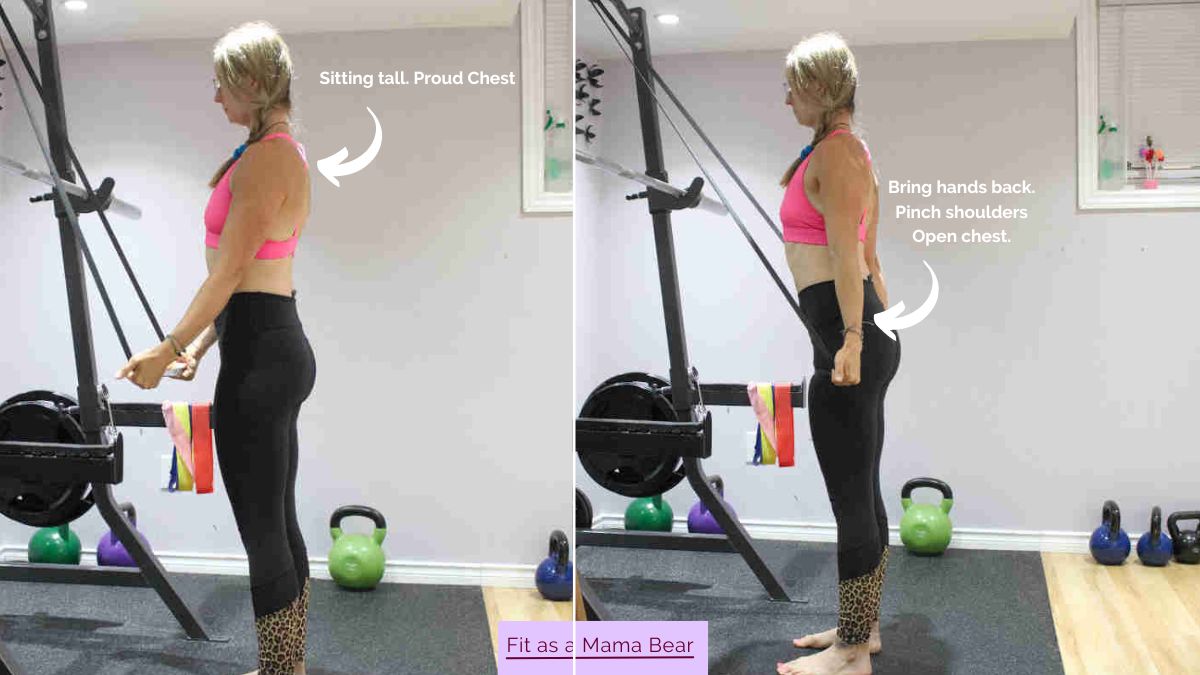 Woman in sports bra and tights performing a row with a resistance band hooked on a squat rack.