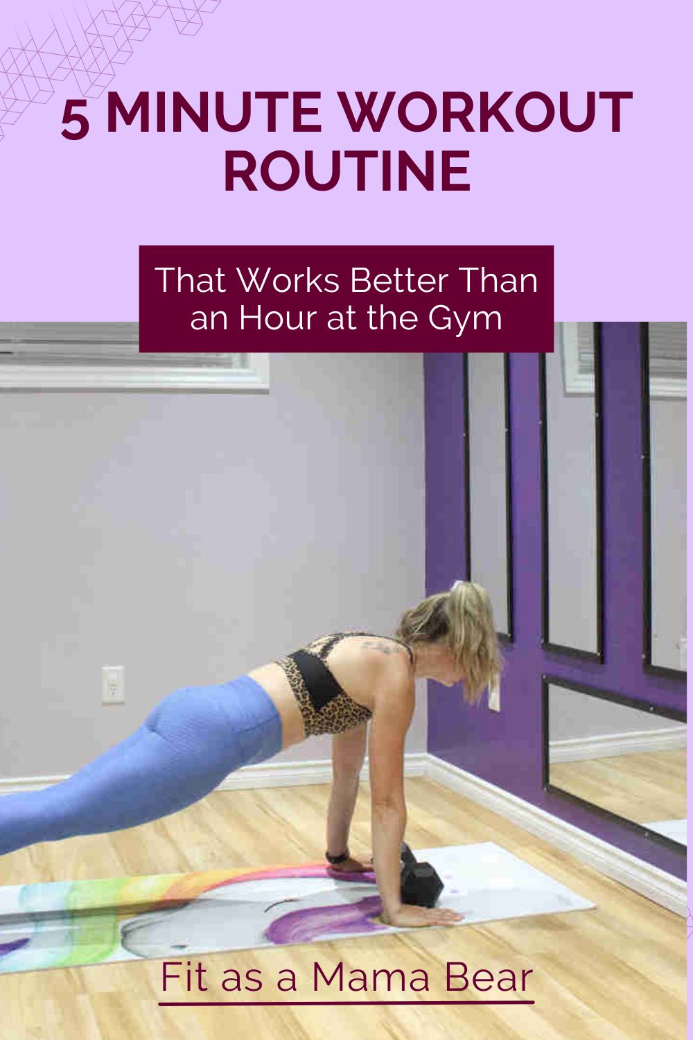 Woman in blue pants in plank position with a dumbbell with text above the image.