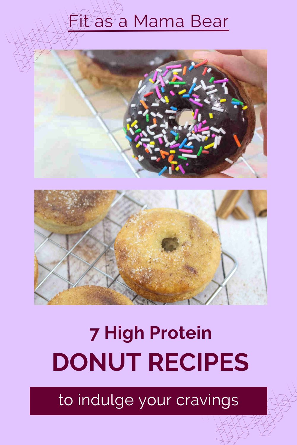 Two images of protein donuts the top one with glazed chocolate the bottom on a cooling rack and text below the image.