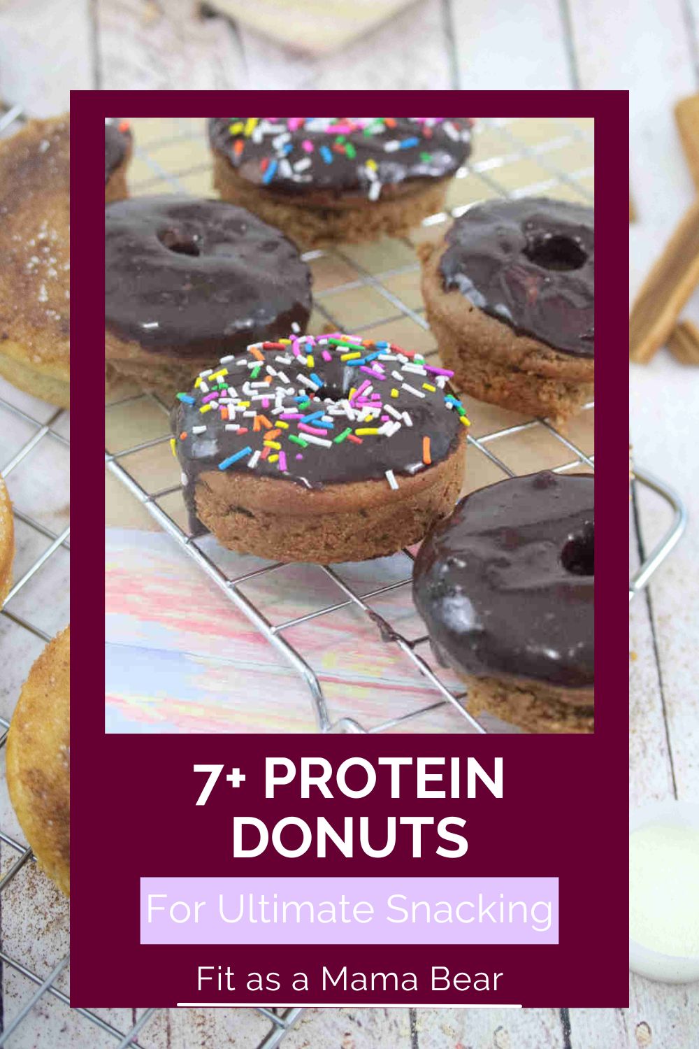 Chocolate glazed protein donuts with sprinkles in a red border and text below the image.