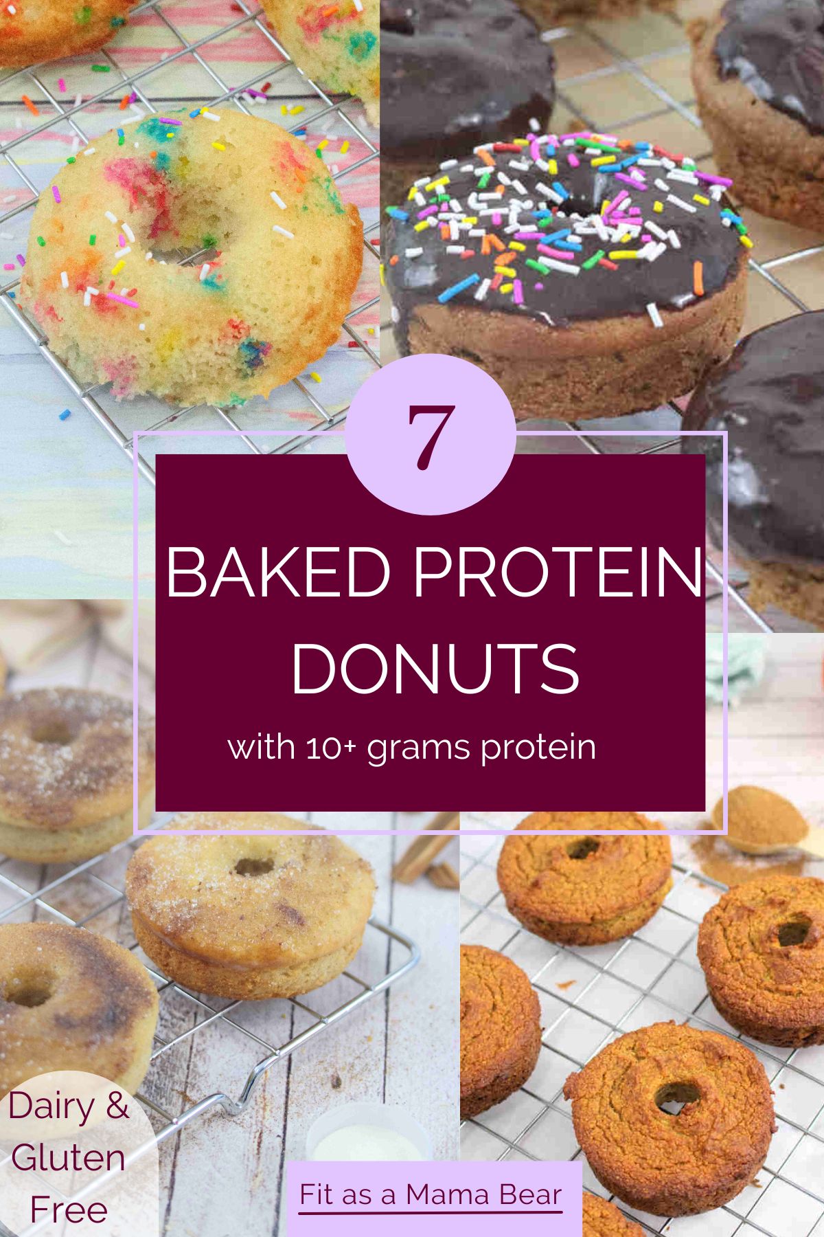 Four images of protein donuts in a collage with text between the images.