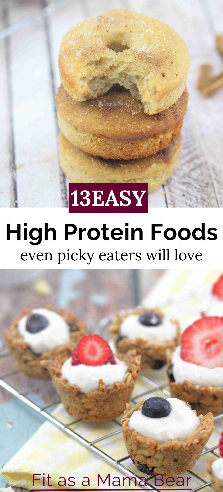 Two images with text between them the top of donuts and the bottom of granola cups with yogurt.