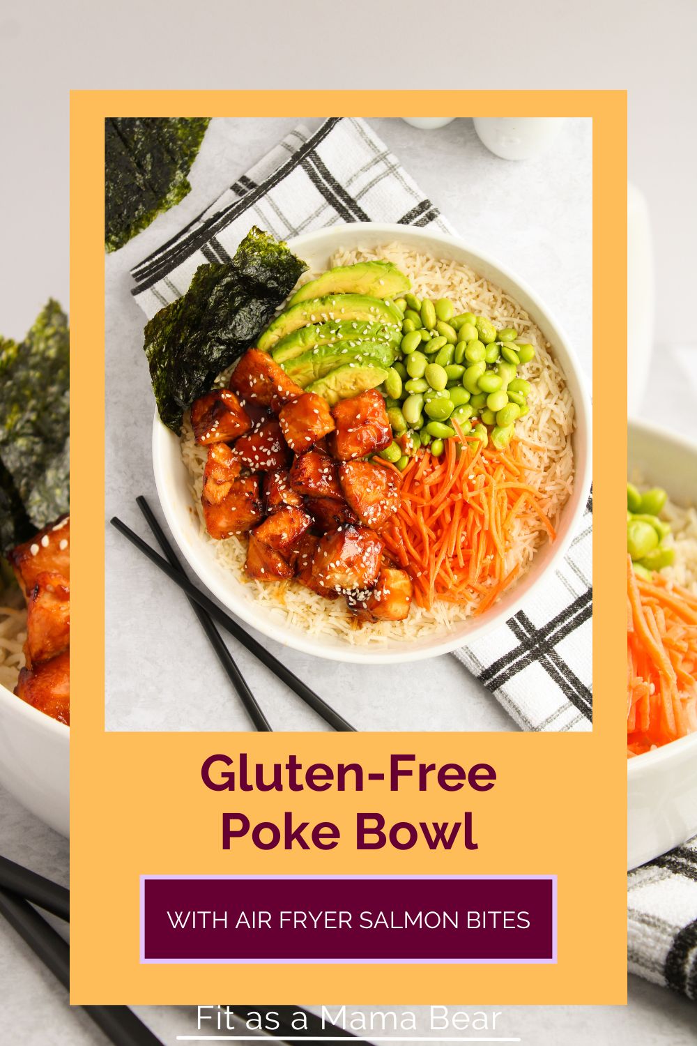 air fried salmon with carrots, avocado, edamame, seaweed, and sesame seeds on top of rice with texts on image