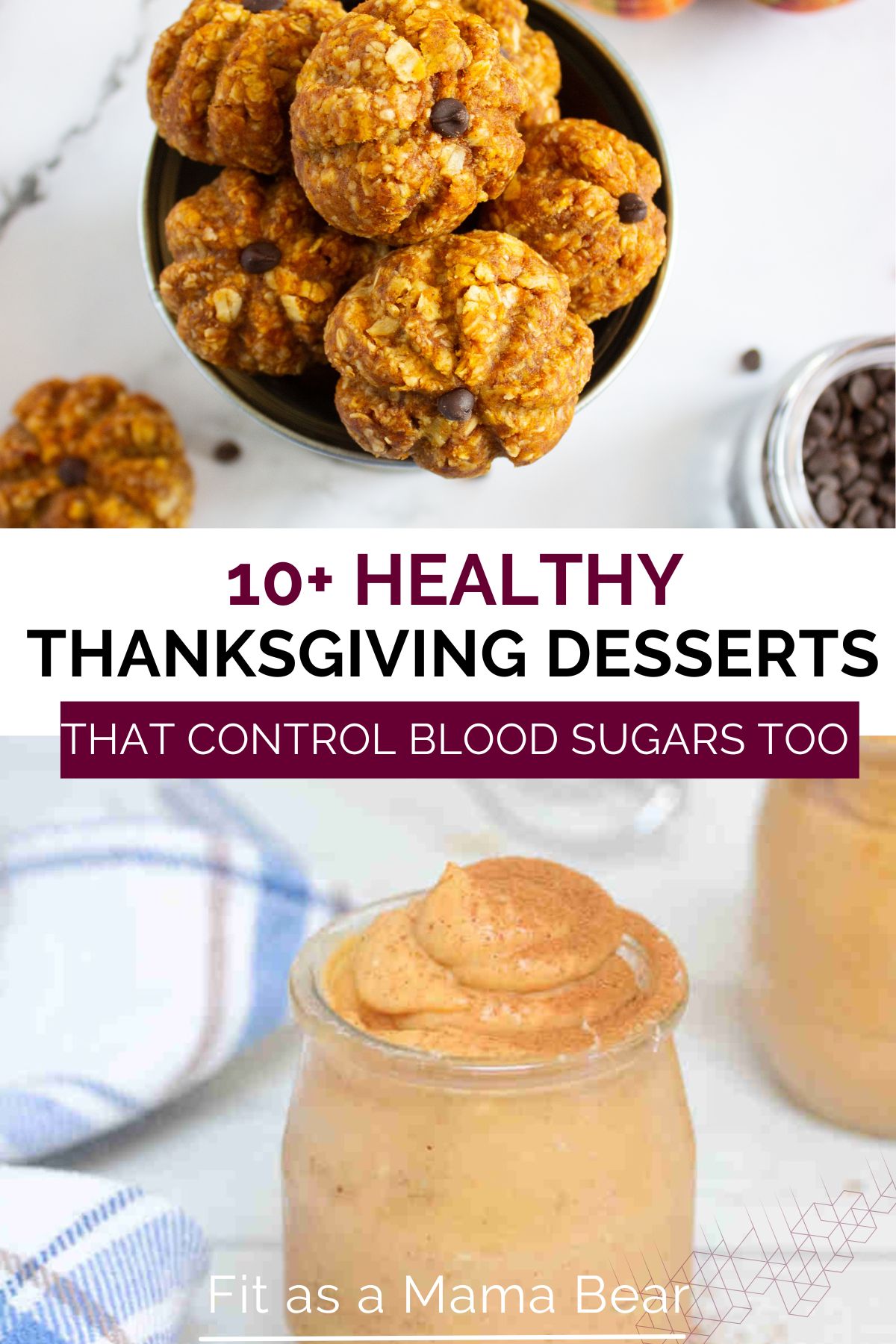 Two images with text between them the top of pumpkin protein balls and the bottom of pumpkin mousse.