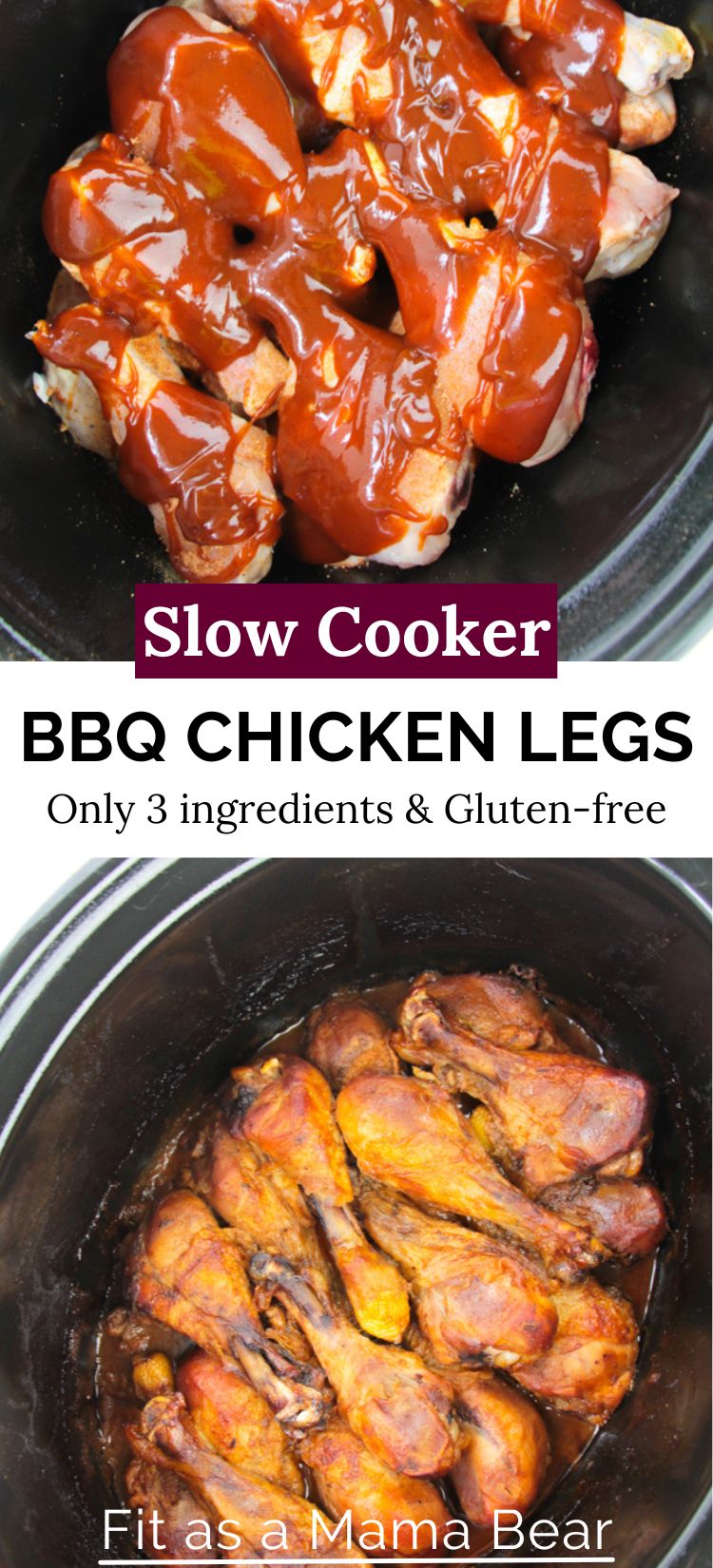 two images of barbecue chicken legs inside a slow cooker with text in between