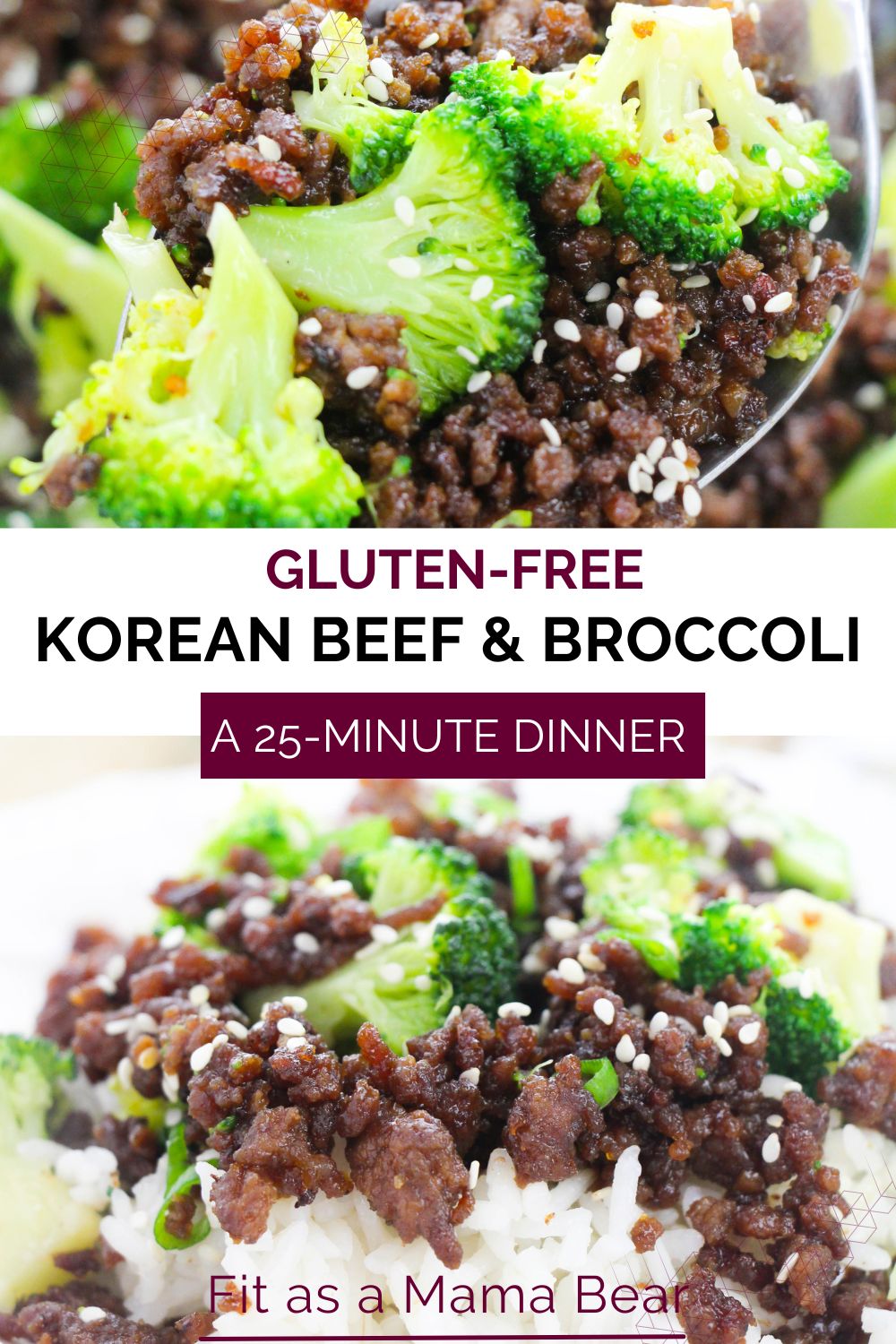 two images of korean beef and broccoli on top a spoonful and topped on rice at the bottom with texts in between