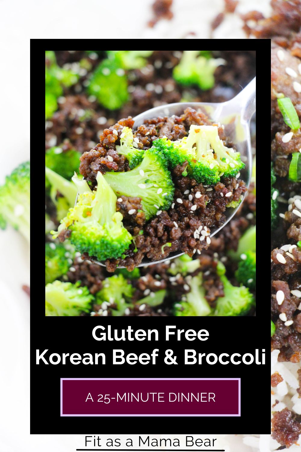 a spoonful of korean ground beef and broccoli with text on image