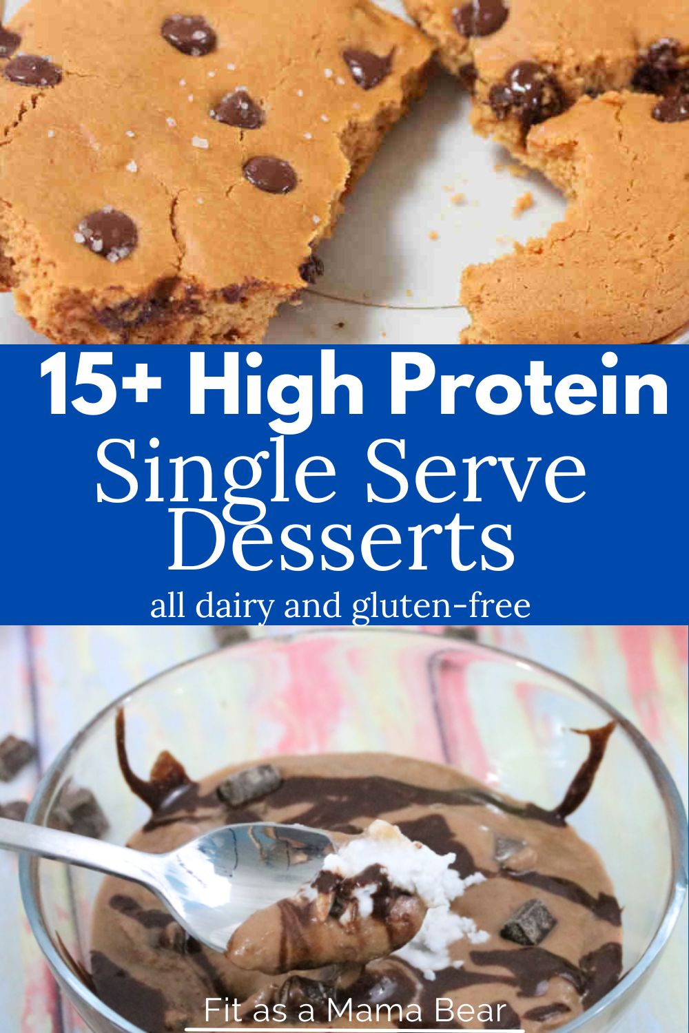 A cookie broken in half and a bowl of chocolate protein fluff with text between the images.