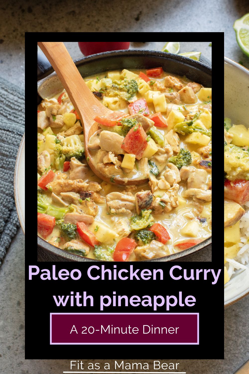 Green chicken curry with pineapple and peppers in a skillet with a wooden spoon and text on the image.