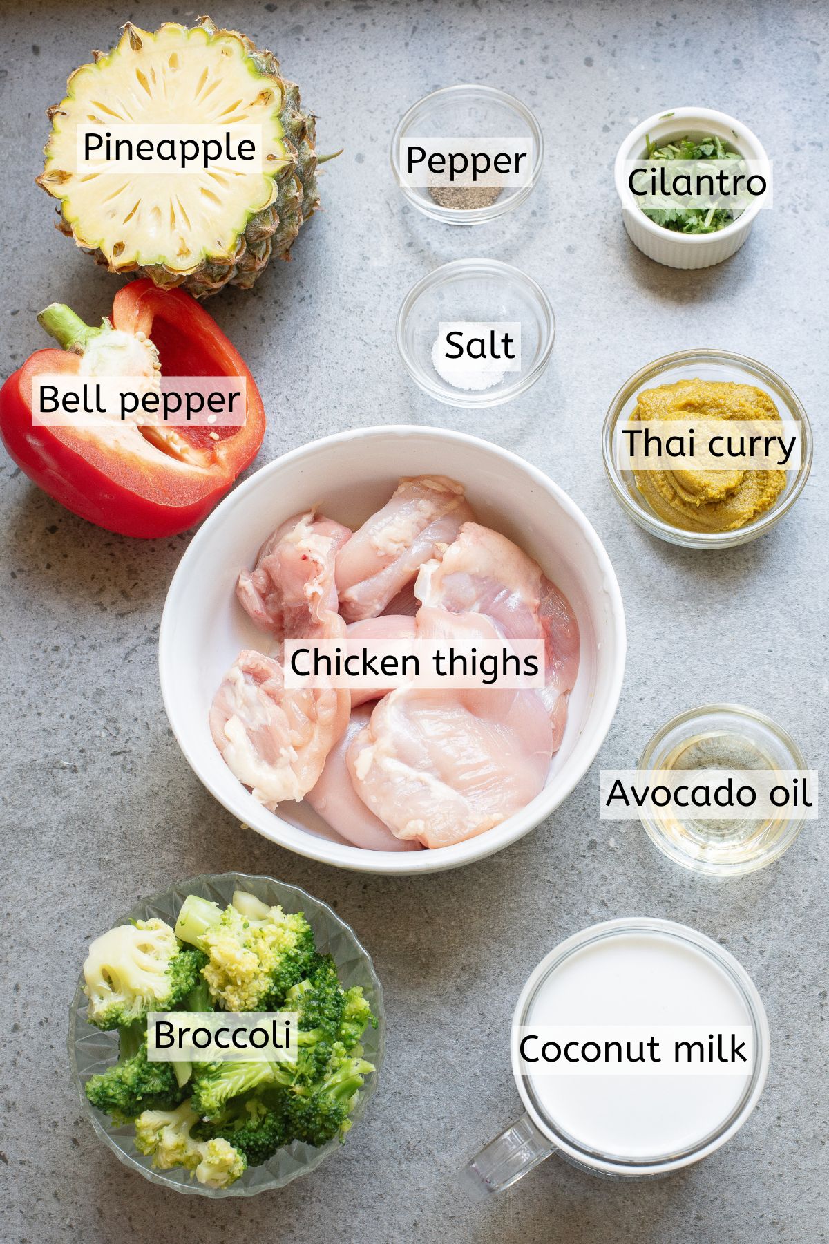 Multiple ingredients to make chicken curry like chicken, vegetables, pineapple and seasonings in bowls with text labels over top.