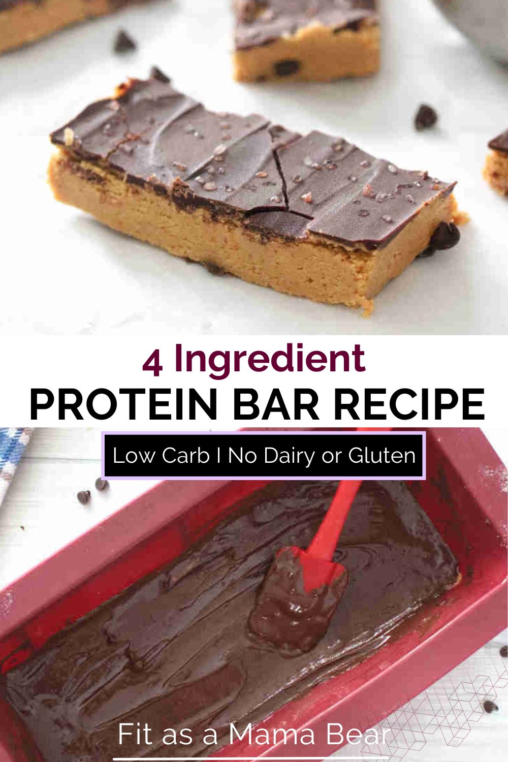 A slice of peanut butter protein bar on top and melted chocolate on a loaf pan at the bottom with text in between two images.