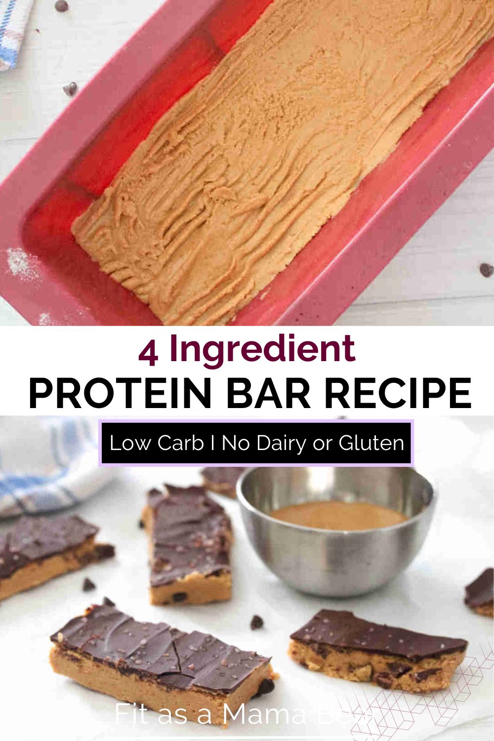 A photo of peanut butter mixture on a loaf pan on top and peanut butter protein bars at the bottom with text in between.